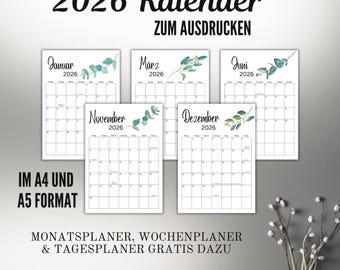Jahreskalender 2026 PDF, Kalender mit Feiertagen, Kalender zum Ausdrucken, A4, PDF, Jahresplaner 2026, mit Jahresübersicht
