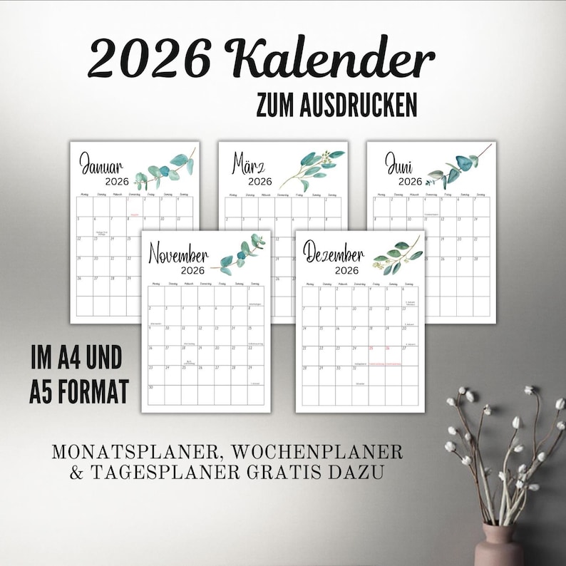 Jahreskalender 2026 PDF, Kalender mit Feiertagen, Kalender zum Ausdrucken, A4, PDF, Jahresplaner 2026, mit Jahresübersicht image 1