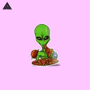 Pizza Lover Alien Sticker || vinyl sticker, water bottle sticker, tumbler stickers, laptop decals, waterproof sticker, alien stickers