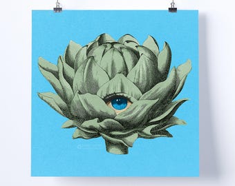 Collagekonsttryck – ‘Mat’ - retrokonst, vintagekonst, tryck, väggkonst, presentidé, psykedelisk konst, surrealistisk konst, poster, sallad, öga