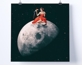 Collage Kunstdruck - "Fly You To The Moon" - Retro Kunst, Vintage Kunst, Wohnkultur, Wandkunst, Geschenkidee, psychedelische Kunst, surreale Kunst, Poster