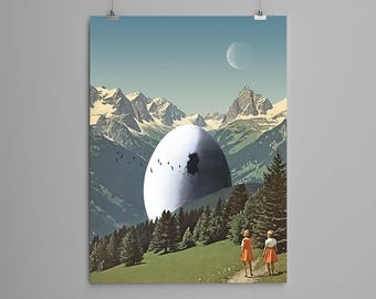 Collagekonsttryck – ‘Tillbaka till ägget’ – retrokonst, vintagekonst, tryck, väggkonst, presentidé, psykedelisk konst, surrealistisk konst, affisch, landskap