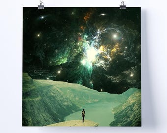 Collage Kunstdruck - "La Vallee" - Retro Kunst, Vintage Kunst, Wohnkultur, Wandkunst, Geschenkidee, psychedelische Kunst, surreale Kunst, Poster, Sterne, Himmel).