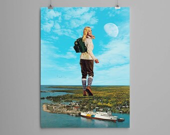 Collagekonsttryck – ‘Vandra världen’ - retrokonst, vintagekonst, tryck, väggkonst, presentidé, psykedelisk konst, surrealistisk konst, affisch, jord