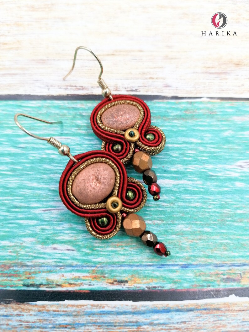 petite soutache earrings handmade small earrings dark red and copper color earrings autumn fall colors earrings light chic earrings