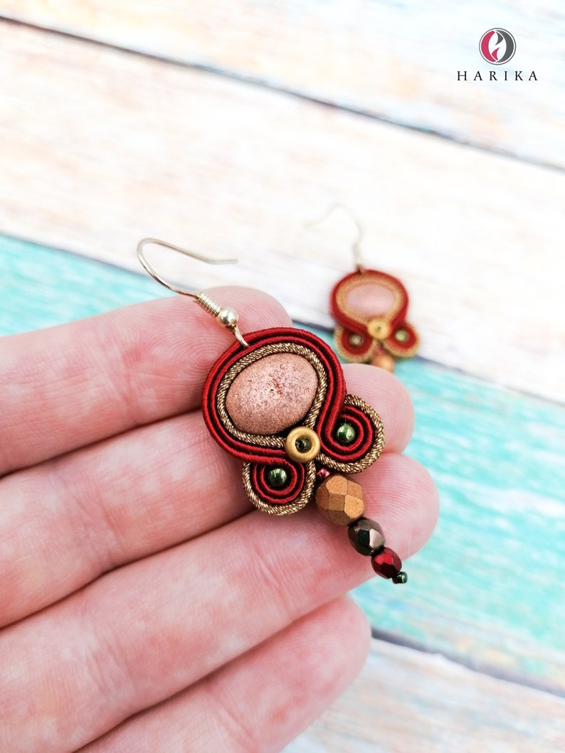 petite soutache earrings handmade small earrings dark red and copper color earrings autumn fall colors earrings light chic earrings