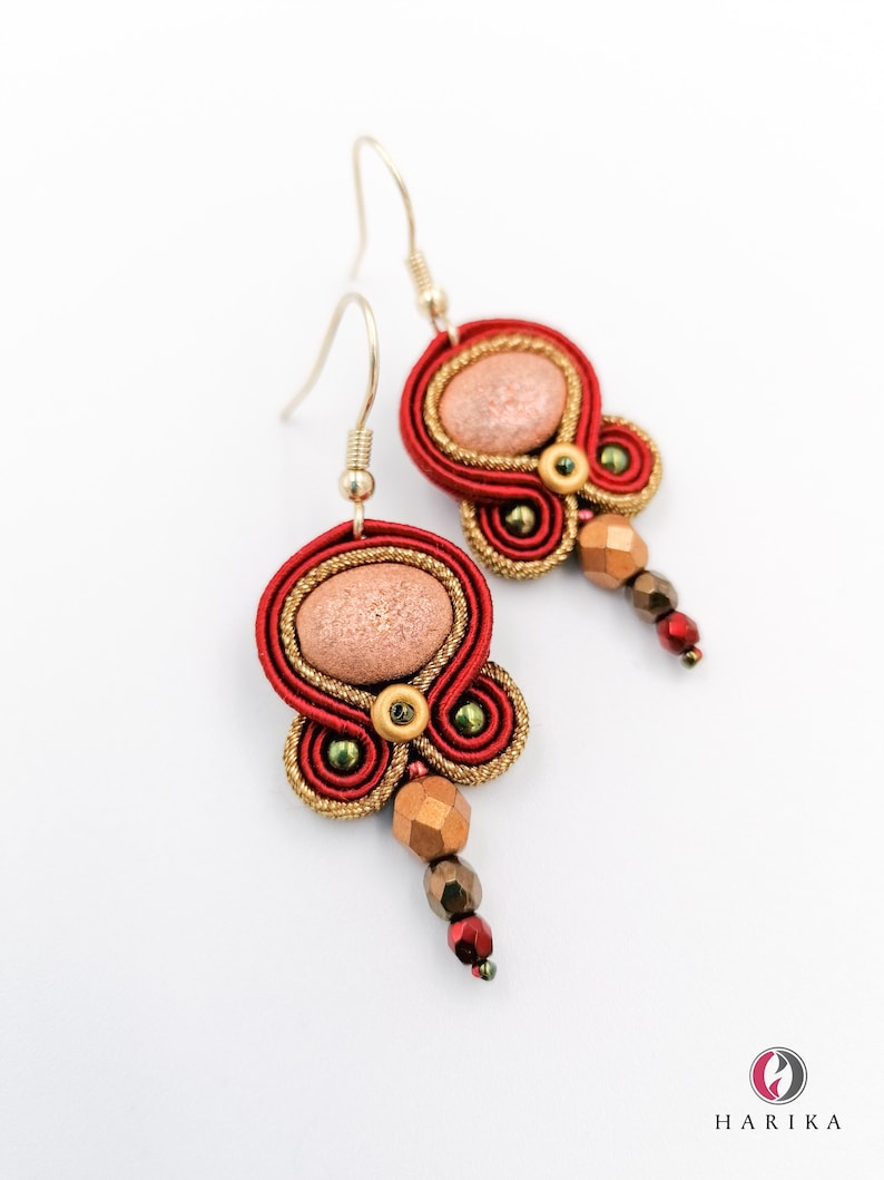petite soutache earrings handmade small earrings dark red and copper color earrings autumn fall colors earrings light chic earrings