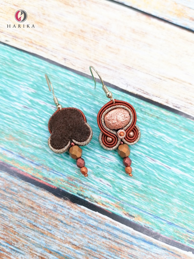 autumn colors earrings fashion chic small earrings petite soutache earrings fashion chic earrings rusty orange copper color earrings