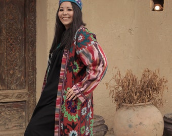 Women's Long Silk Chapan Hand-Embroidered Coat Suzani Long Jacket