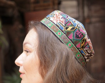 Lilac bright blue pink skullcap stylish headdress hat for summer stylish accessory hand embroidery oriental ethnic style headwear unisex