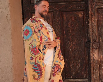 Unique Uzbek Chapan Coat - 100% handmade - Natural Silk Kimono - Traditional Iroki Embroidery