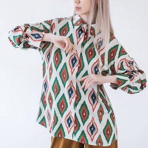 Handmade Uzbek Ikat Women's Blouse Ethnic Print Straight Collar Long Sleeve image 1