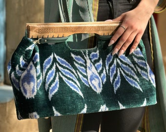 Handmade Women's Green Bag - Bag Made of Wood and Bakhmal - Wooden Bag