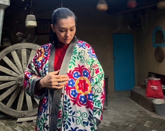 100% Handmade Women's Suzani Mid Coat - Embroidered Jacket - Uzbek Brocade Chapan