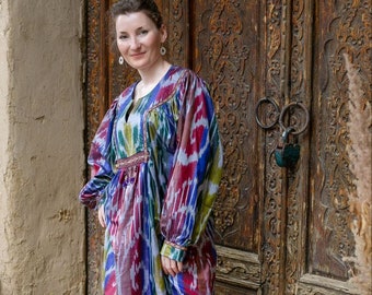 Ikat Dress - 100% Handmade Organic Silk - Long Ethnic Oversize Robe