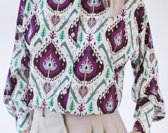 Handmade Uzbek Ikat Women's Blouse - Ethnic Design - Long Sleeve