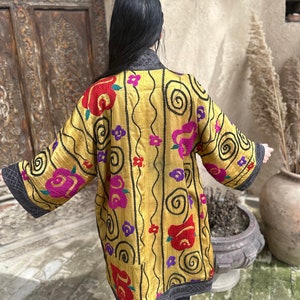 100% Handmade Women's Suzani Mid Coat Embroidered Jacket Uzbek Silk Chapan image 5