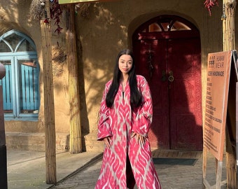 100% Handmade Women's Silk Coat With Organic Cotton - Uzbek Light Chapan in Pink and Gray Colors