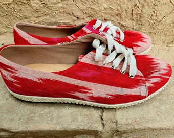 Red ikat sneakers, handmade sneakers, fabric sneakers, pattern ikat, autumn sneakers, women's sneakers, men's sneakers, author's work