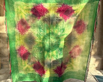 Silk Square Scarf - Large Size Shawl - From Turkmen Handicrafts - Green & Purple Colors- Christmas Gift