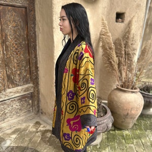 100% Handmade Women's Suzani Mid Coat Embroidered Jacket Uzbek Silk Chapan image 4