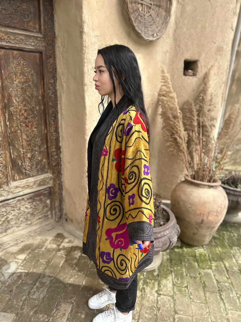 100% Handmade Women's Suzani Mid Coat Embroidered Jacket Uzbek Silk Chapan image 4