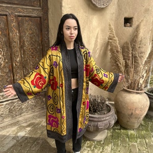 100% Handmade Women's Suzani Mid Coat Embroidered Jacket Uzbek Silk Chapan image 1