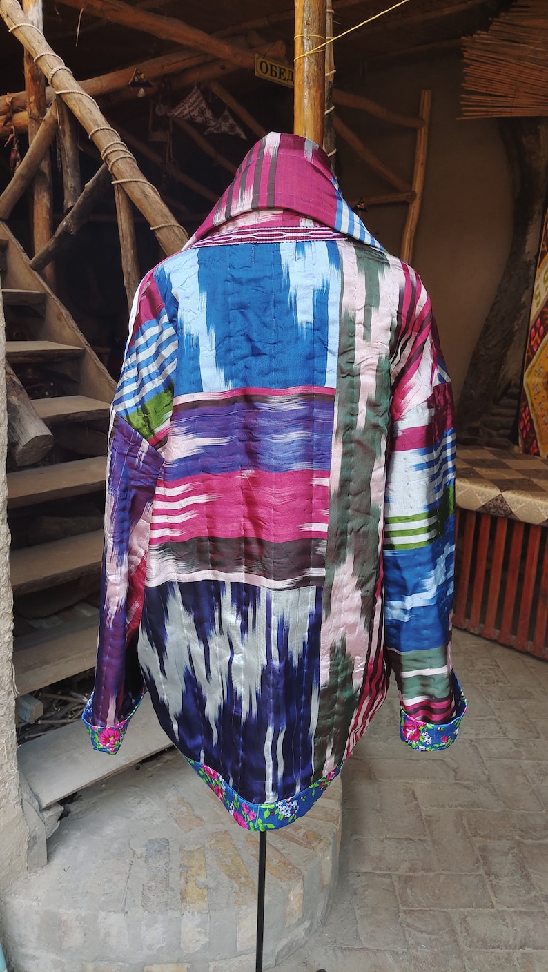 100% Handmade Women's Quilted Insulated Jacket Vintage Ikat Organic Uzbek Silk image 8