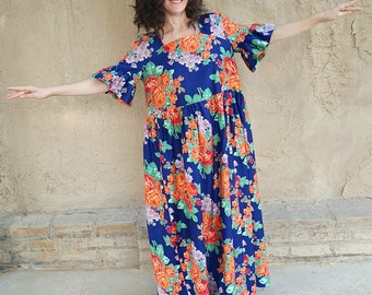 Handmade boho dress, organic cotton dress, Uzbek dress, floral design, summer dress, ethnic dress, boho style, oversized dress