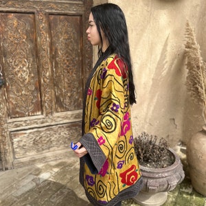 100% Handmade Women's Suzani Mid Coat Embroidered Jacket Uzbek Silk Chapan image 3