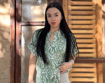 100%  Handmade Green and White Summer  Blouse - Ethnic Design - Short Sleeve Shirt