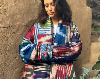 100% Handmade Women's Quilted Insulated Jacket - Vintage Ikat Organic Uzbek Silk