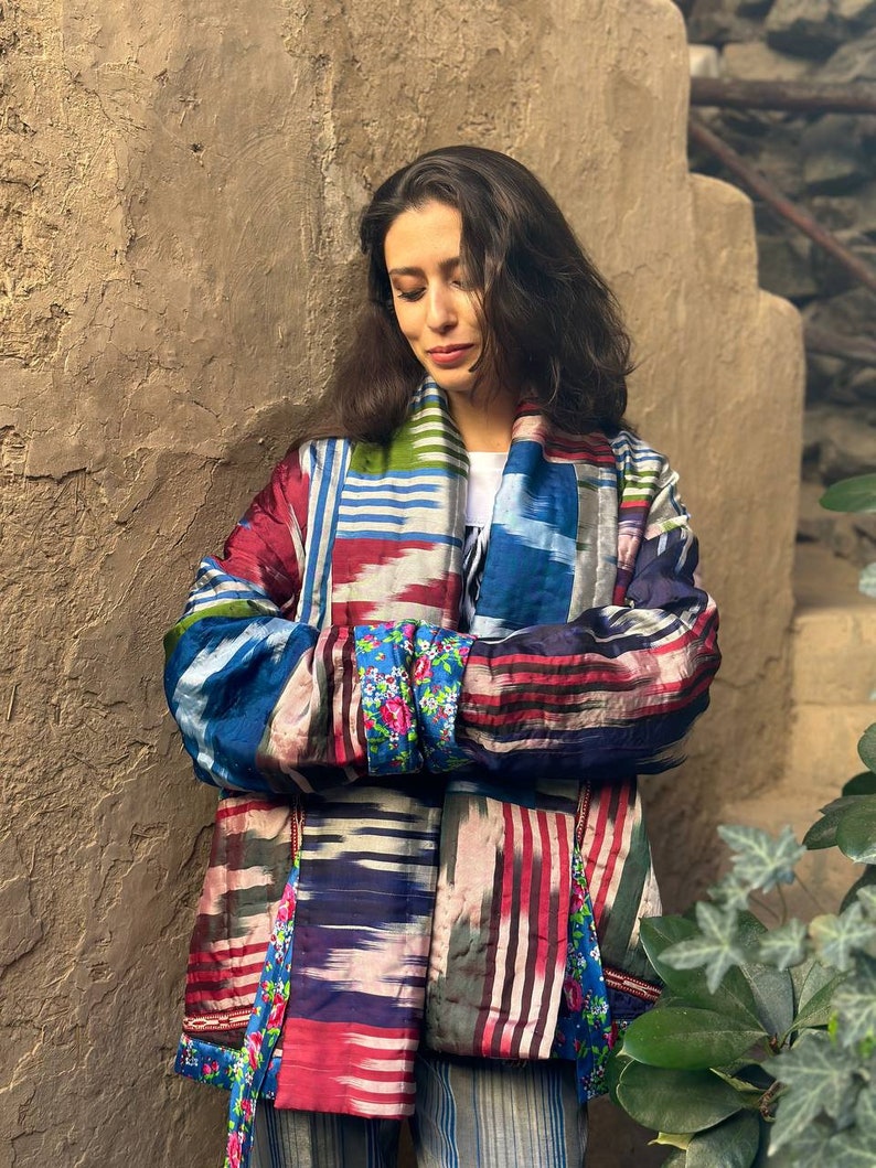 100% Handmade Women's Quilted Insulated Jacket Vintage Ikat Organic Uzbek Silk image 1