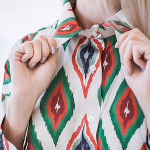 Handmade Uzbek Ikat Women's Blouse Ethnic Print Straight Collar Long Sleeve image 3