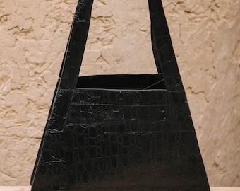 Handmade Big Size Black Leather Bag - Elegant Shopper Bag - Trapeze Bag