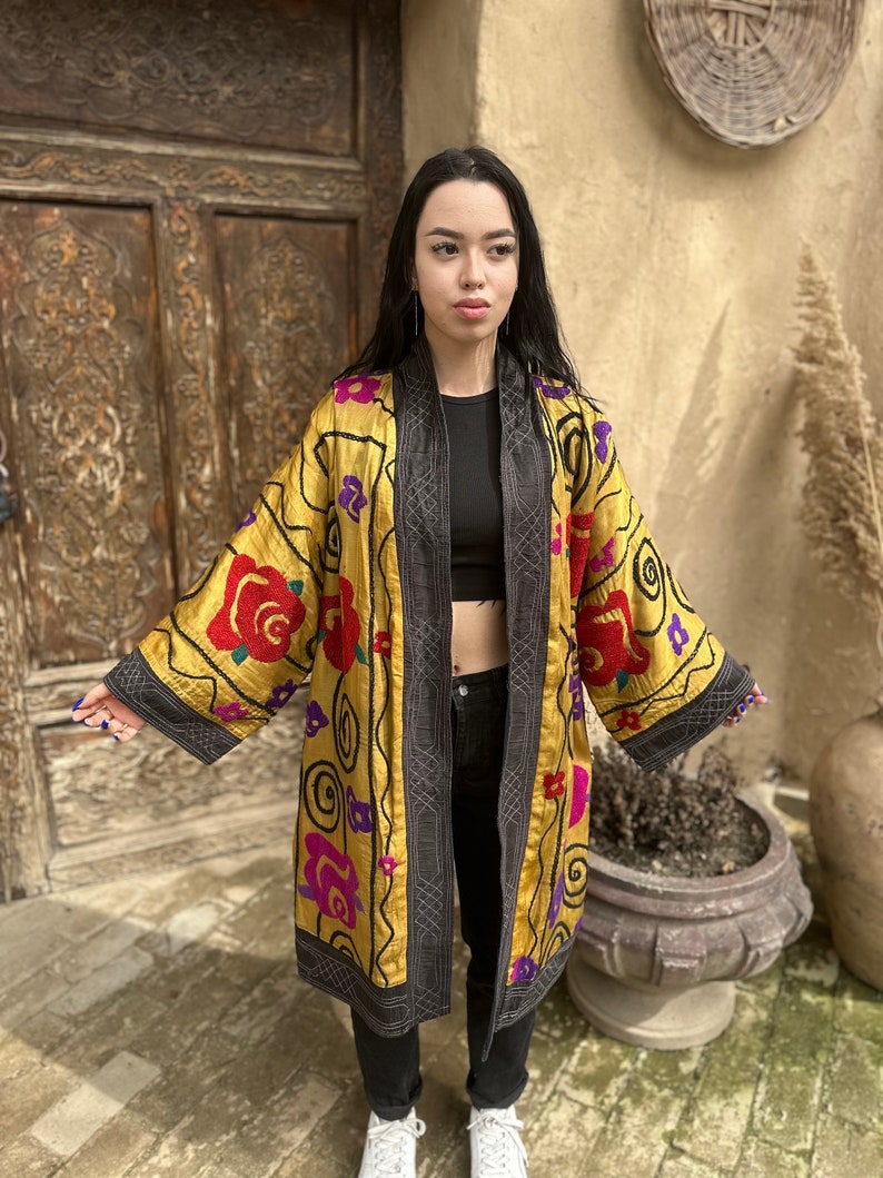 100% Handmade Women's Suzani Mid Coat Embroidered Jacket Uzbek Silk Chapan image 2