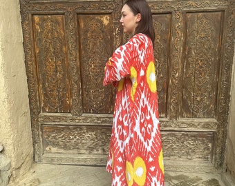 100% Handmade Unisex Organic Cotton Coat- Uzbek Light Chapan in Orange Color