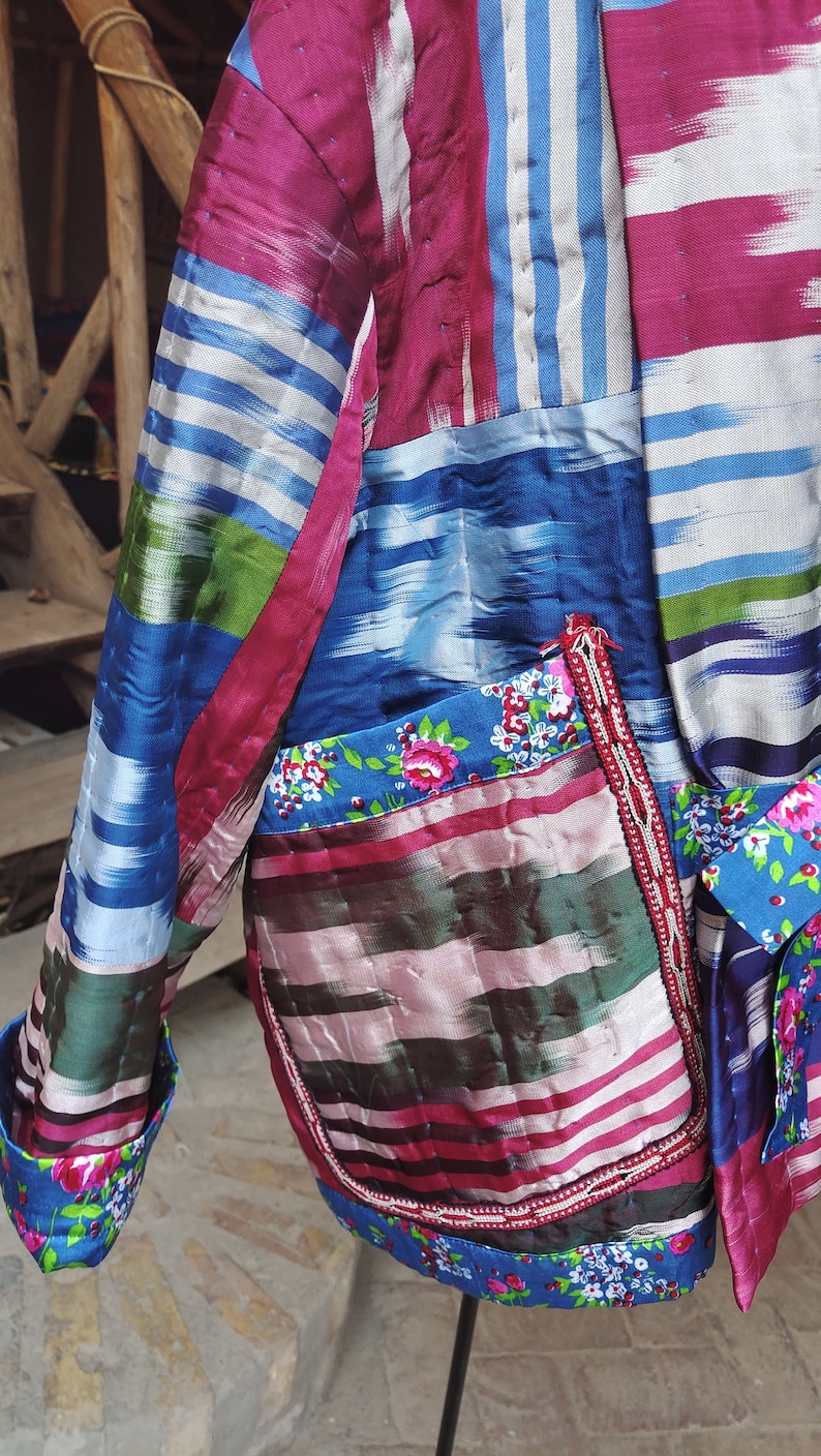 100% Handmade Women's Quilted Insulated Jacket Vintage Ikat Organic Uzbek Silk image 5