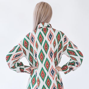 Handmade Uzbek Ikat Women's Blouse Ethnic Print Straight Collar Long Sleeve image 9
