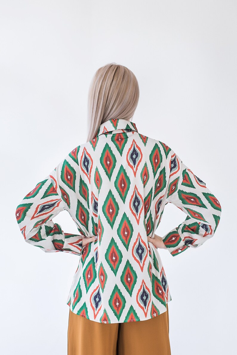 Handmade Uzbek Ikat Women's Blouse Ethnic Print Straight Collar Long Sleeve image 9