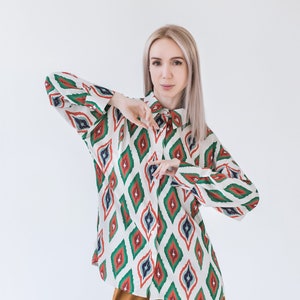 Handmade Uzbek Ikat Women's Blouse Ethnic Print Straight Collar Long Sleeve image 7