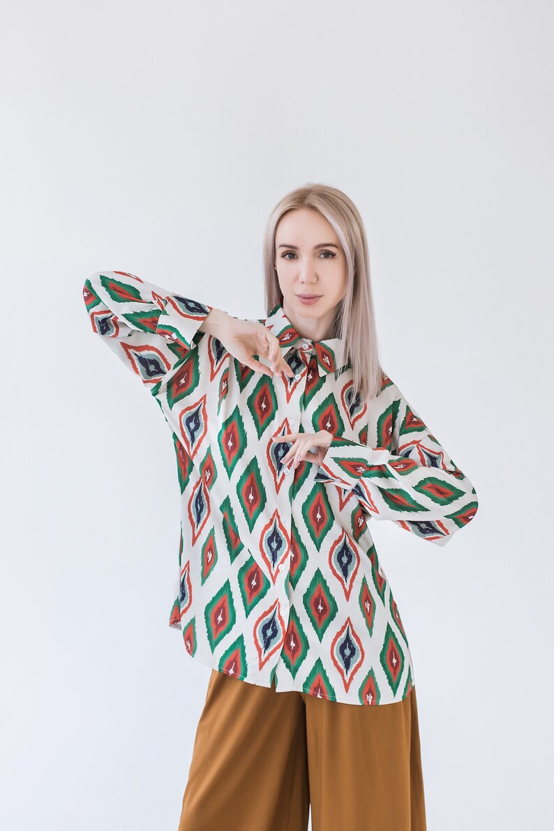 Handmade Uzbek Ikat Women's Blouse Ethnic Print Straight Collar Long Sleeve image 7