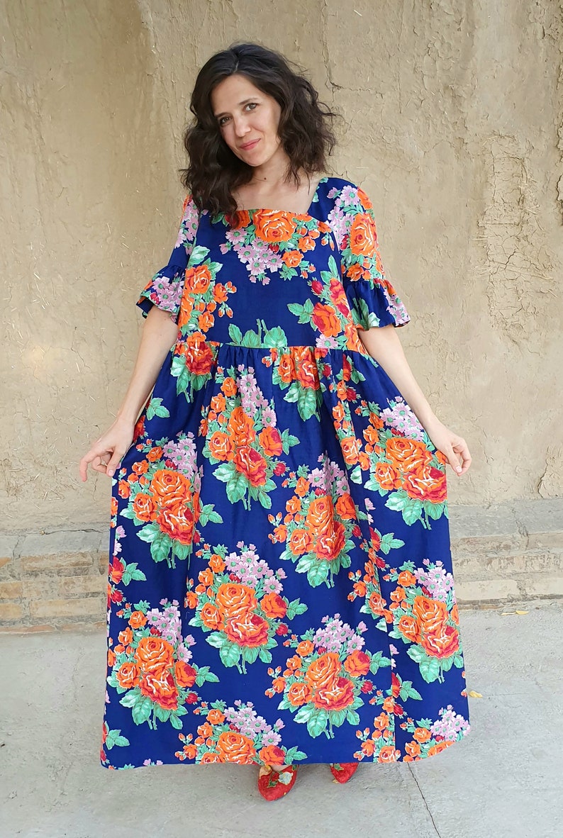 Handmade boho dress, organic cotton dress, Uzbek dress, floral design, summer dress, ethnic dress, boho style, oversized dress image 4