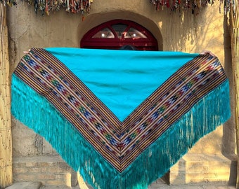 Silk Triangular Shawl - Large Size Scarf - From Turkmen Handicrafts - Blue Scarf - Shawl with Fringe - Christmas Gift