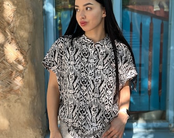 100%  Handmade Black and White Summer  Blouse - Ethnic Design - Short Sleeve Shirt