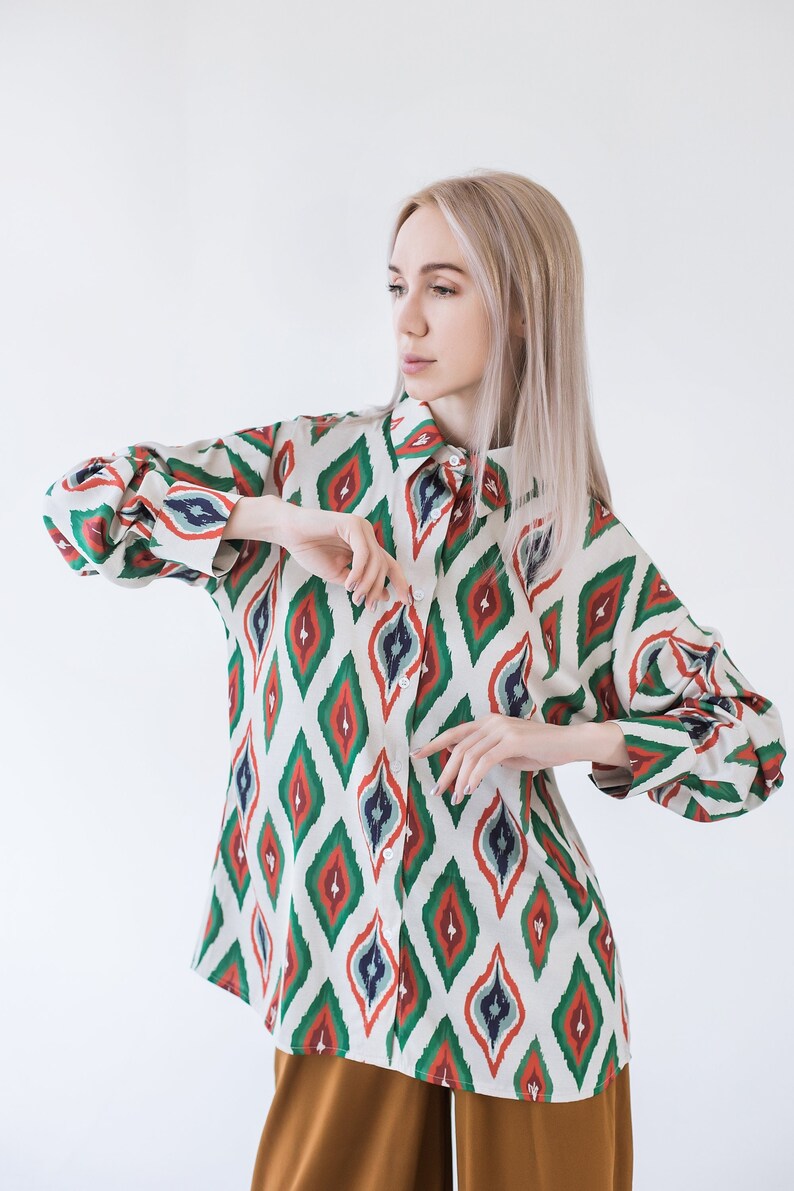 Handmade Uzbek Ikat Women's Blouse Ethnic Print Straight Collar Long Sleeve image 1