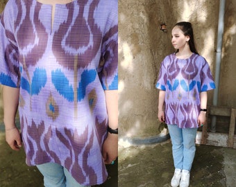 100%  Handmade Lilac and Purple Unisex Organic Cotton Shirt - Ethnic Design - Short Sleeve