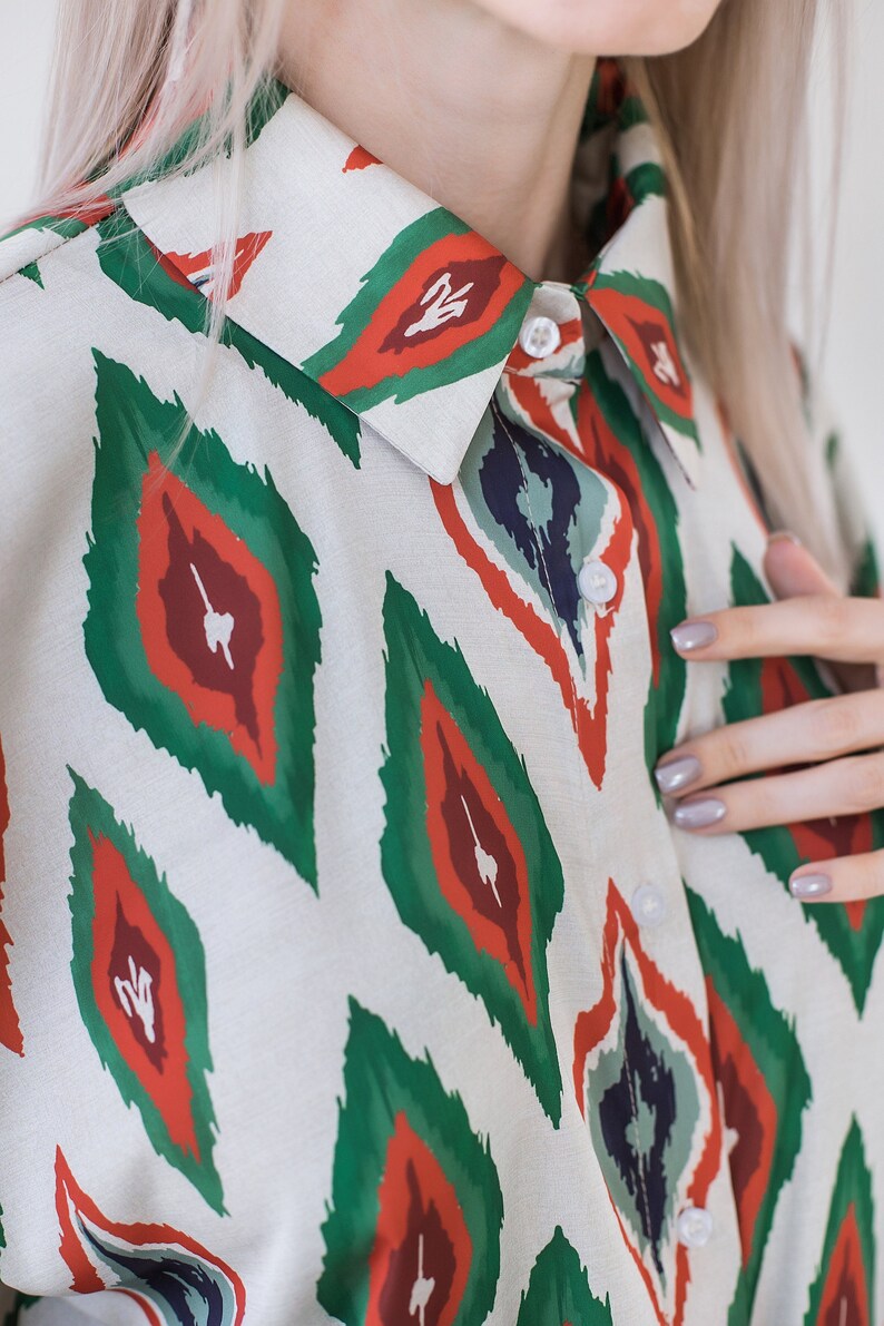Handmade Uzbek Ikat Women's Blouse Ethnic Print Straight Collar Long Sleeve image 5