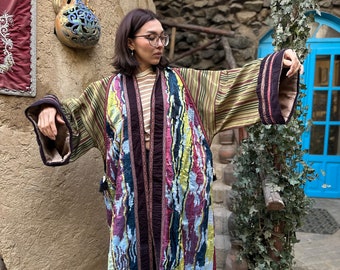 100% Handmade Uzbek Silk and Velvet Kimono Robe - Light Unisex Cape/Caftan - Coat With Vintage Tassels