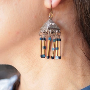 Beautiful earrings in the shape of a triangle cube with silver and gold flowers with blue hematite stones image 2